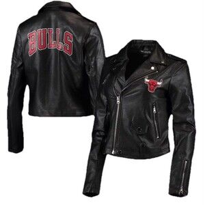 The Wild Collective NBA Chicago Bulls edgy Faux Leather Moto‎ jacket NWT Med